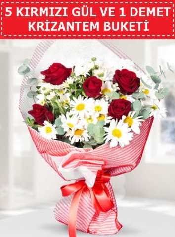 5 adet kırmızı gül ve krizantem buketi  Giresun çiçek online çiçek siparişi 